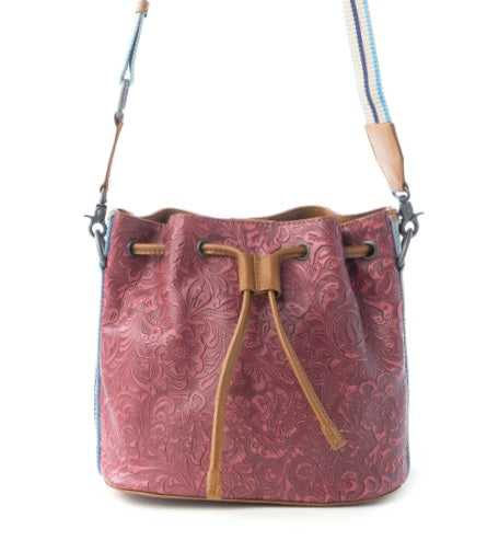 Emberlace Embossed Leather Bucket Bag in Berry Rouge