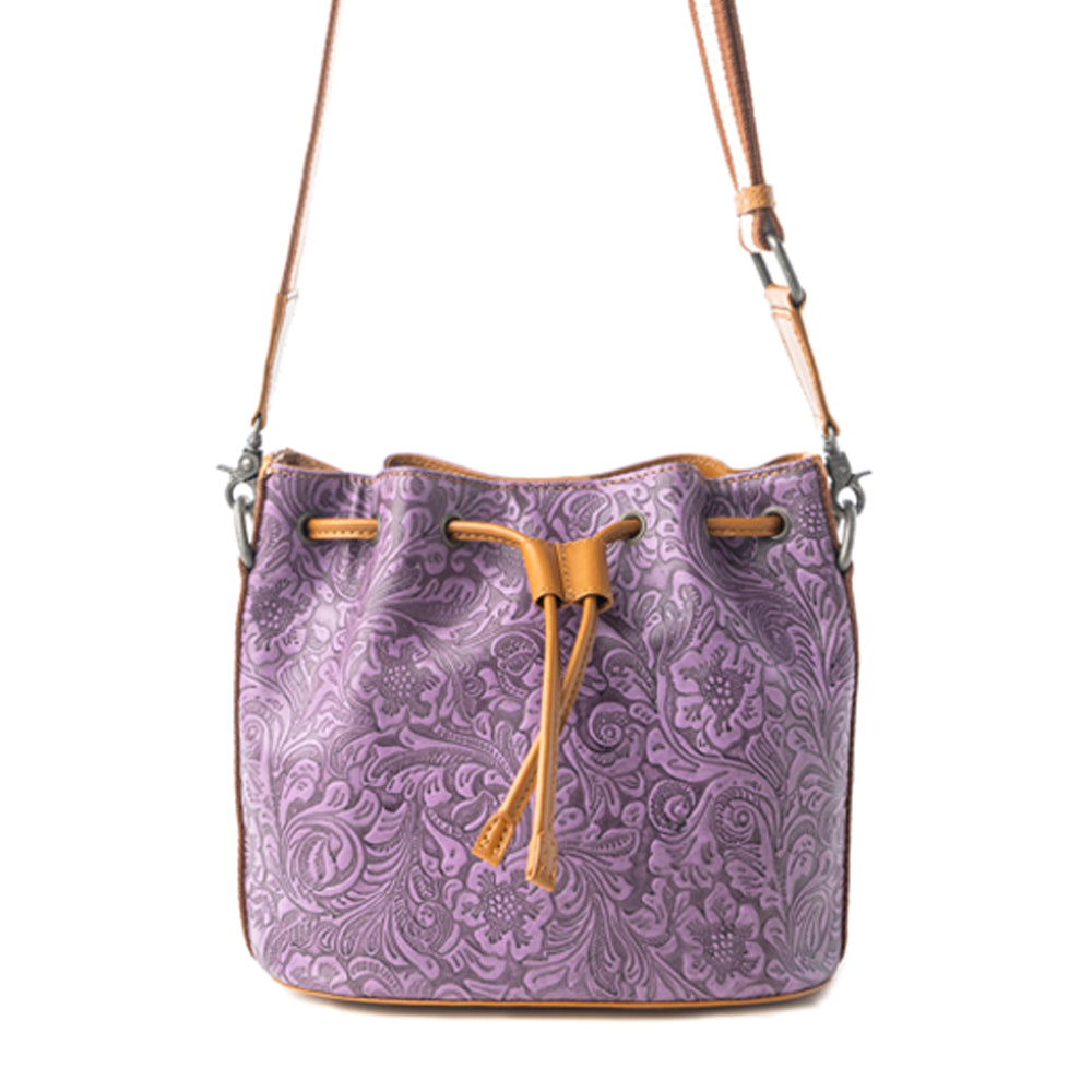 Amara Bloom Embossed Leather Bucket Bag in Mystic Lilac