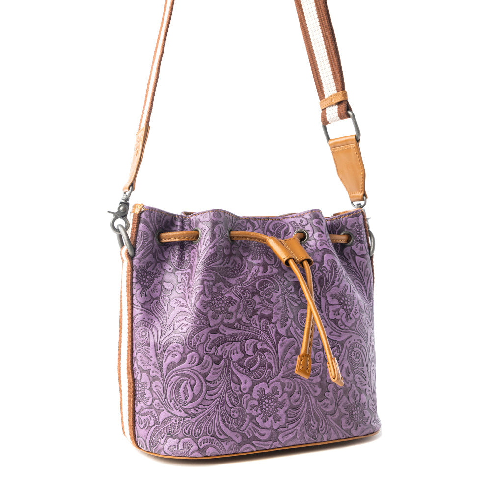 Amara Bloom Embossed Leather Bucket Bag in Mystic Lilac