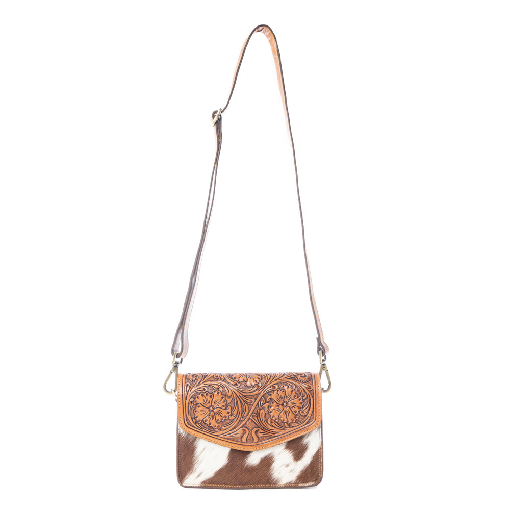 Bridle Blossom Handtooled Hairon Leather Bag in Amber Carve