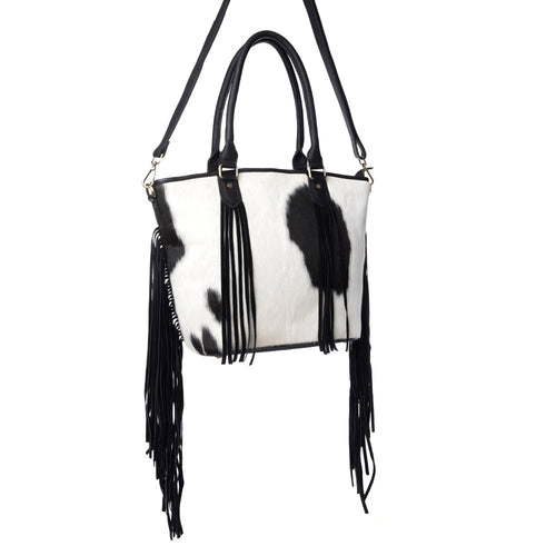 High Plains Hairon Leather Concealed Fringe Carry Bag in Ebony Bone