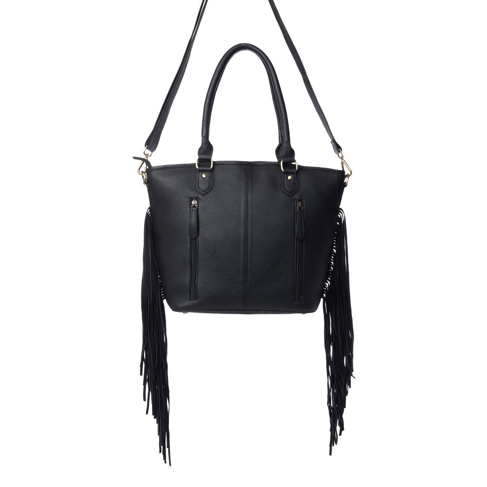 High Plains Hairon Leather Concealed Fringe Carry Bag in Ebony Bone