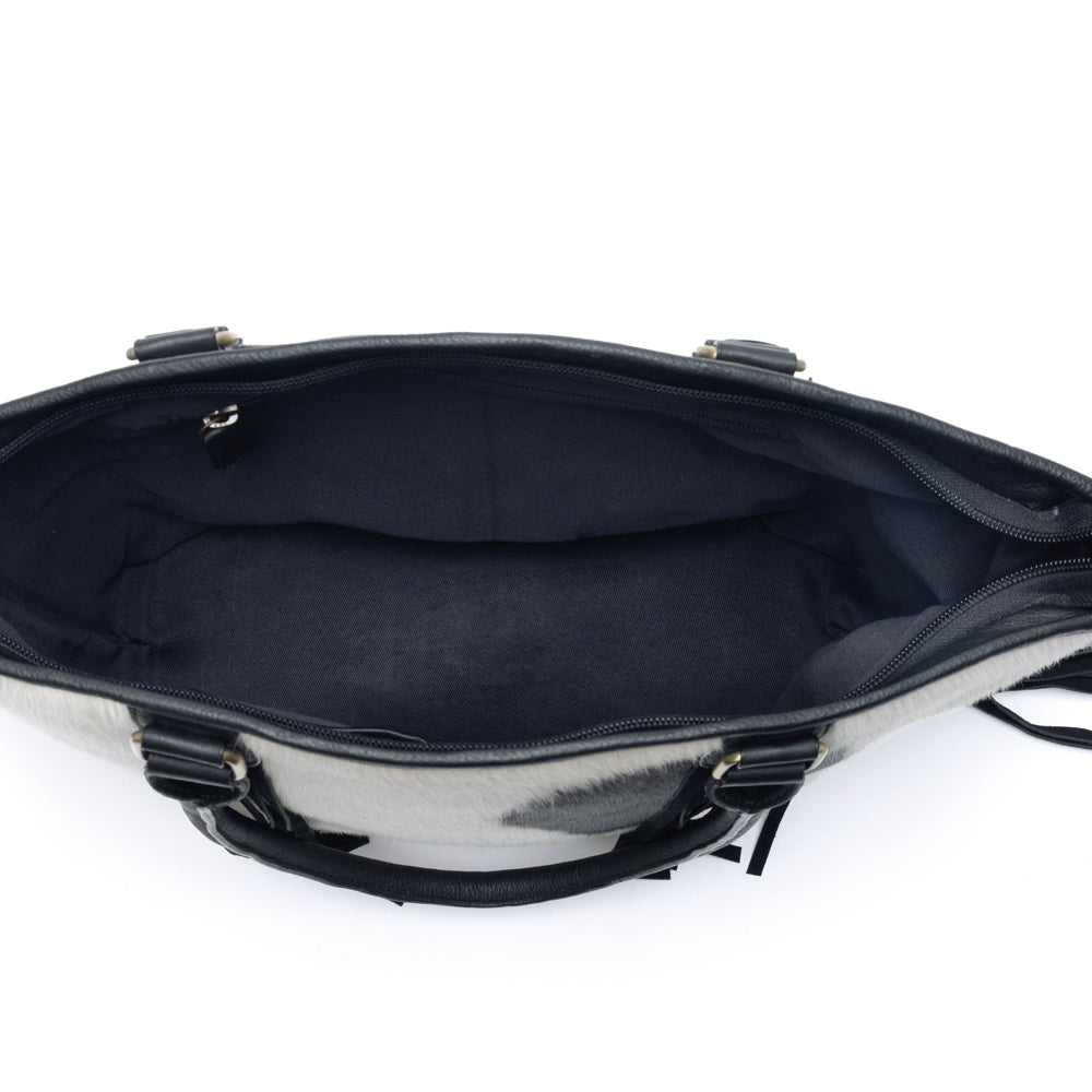 High Plains Hairon Leather Concealed Fringe Carry Bag in Ebony Bone