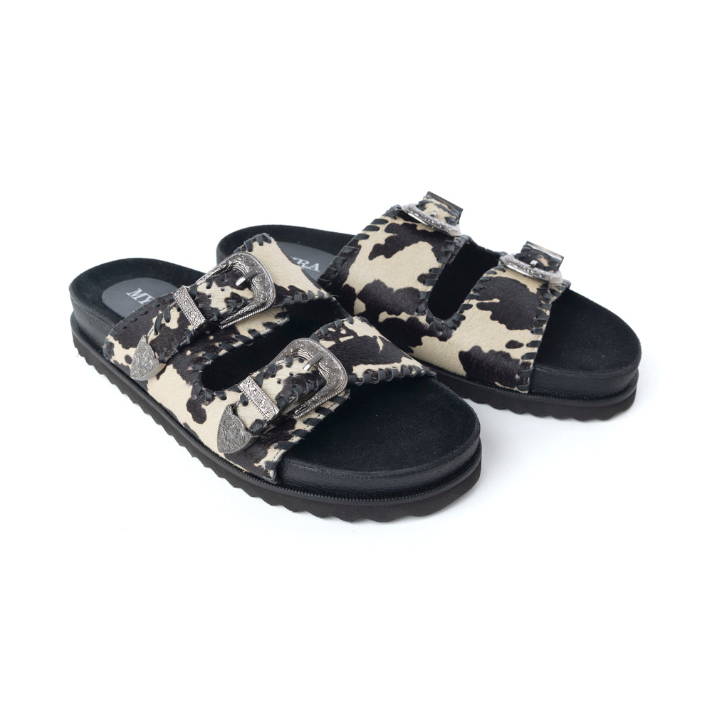 Coyote Crest Hairon Leather Sandals in Vanilla White