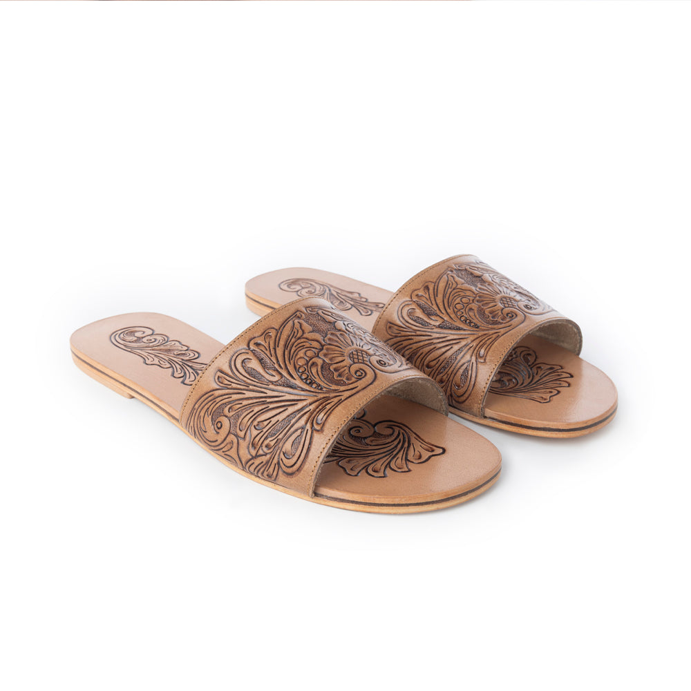 Cactus Lace Handtooled Leather Sandals in Charred Brown