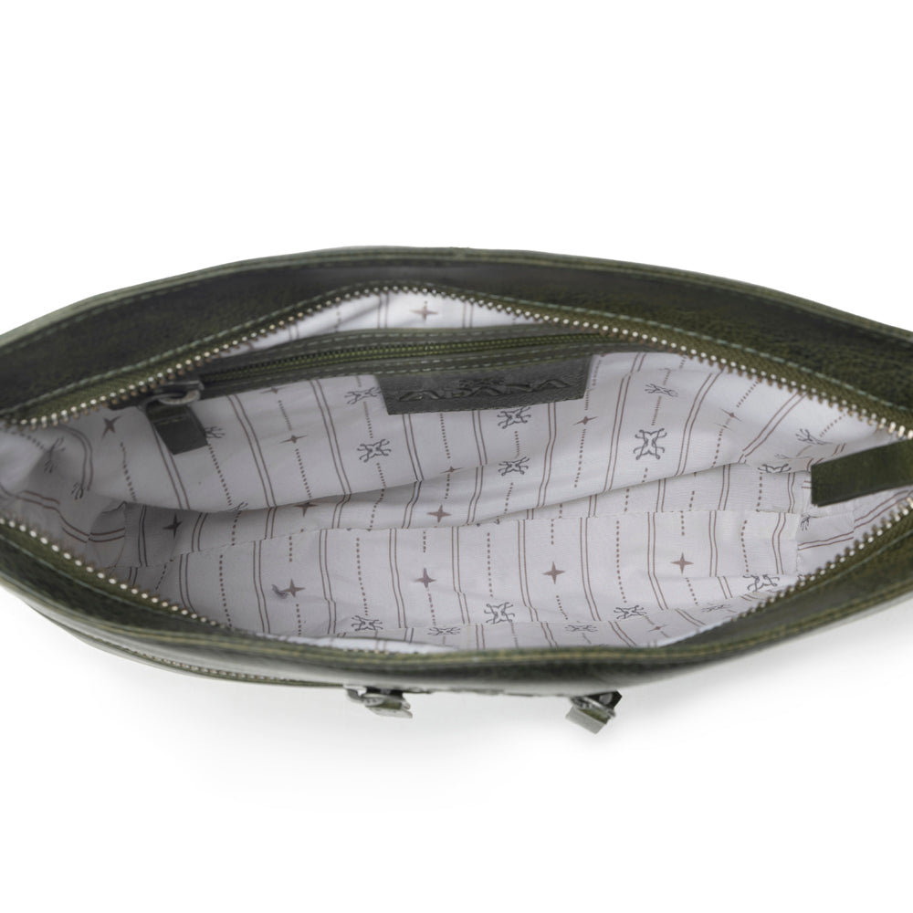 Myra Zidana El Paso Twin Veg Tanned Leather Crossbody Bag in Olive Grove