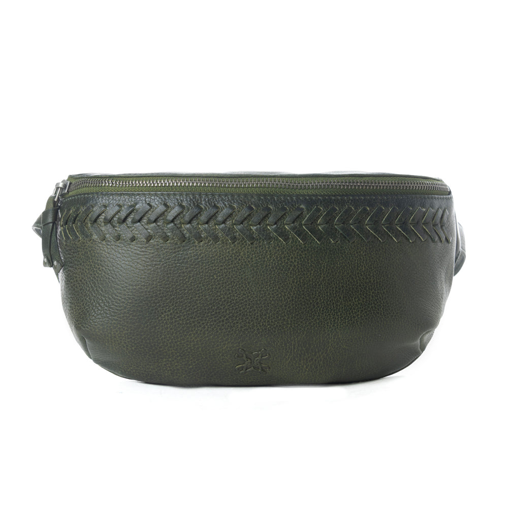 Myra Zidana Amarillo Handstitched Veg Tanned Leather Fanny Pack in Saddle Moss