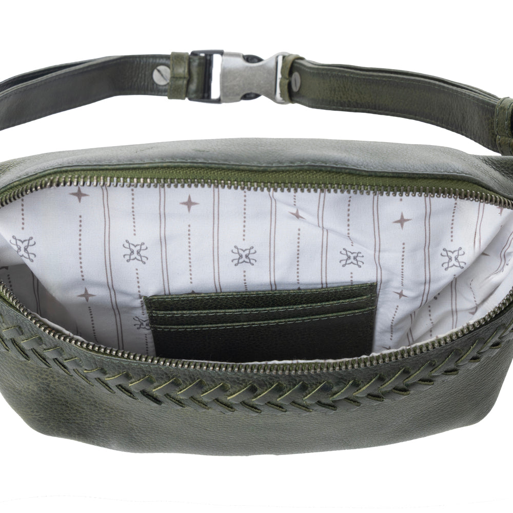 Myra Zidana Amarillo Handstitched Veg Tanned Leather Fanny Pack in Saddle Moss