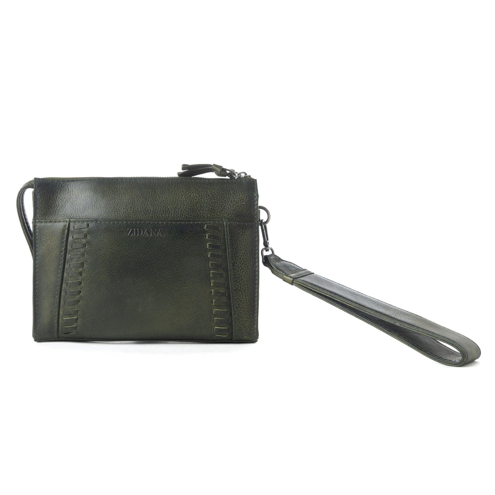 Myra Zidana Bandera Ridge Veg Tanned Leather Wristlet in Desert Pine