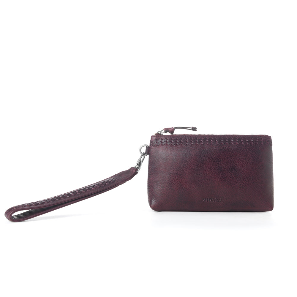 Myra Zidana Ethel Mini Veg Tanned Leather Wristlet in Rosa Maroon