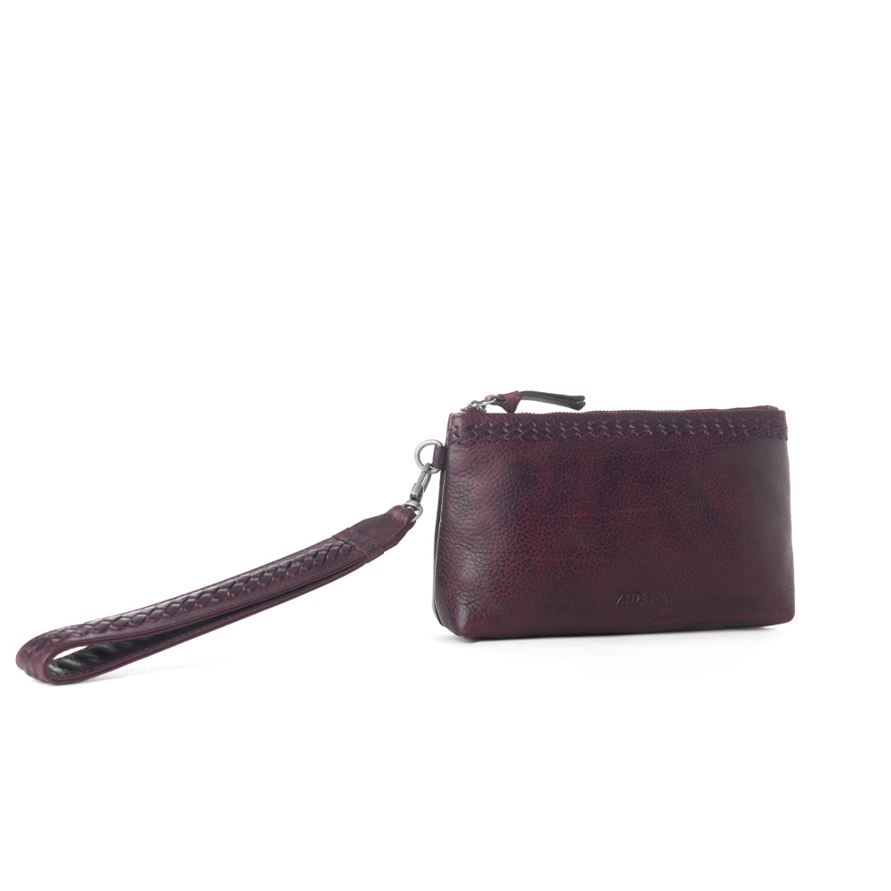 Myra Zidana Ethel Mini Veg Tanned Leather Wristlet in Rosa Maroon