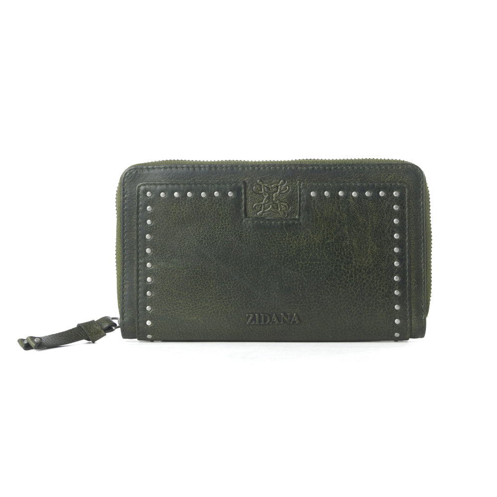 Myra Zidana Astra Studded Veg Tanned Leather Wallet in Velvet Moss