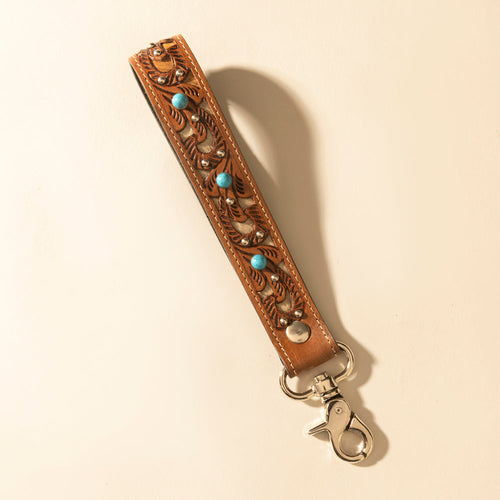 River Glen Handtooled Hairon Leather Key Fob in Honey Turquoise