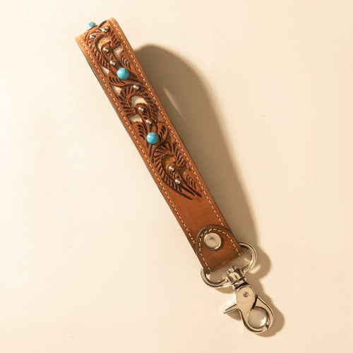 River Glen Handtooled Hairon Leather Key Fob in Honey Turquoise