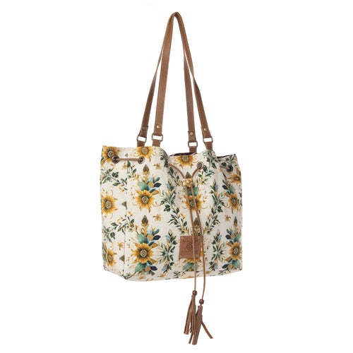 Southern Bloom Cotton & Leather Bucket Bag in Chestnut Beige