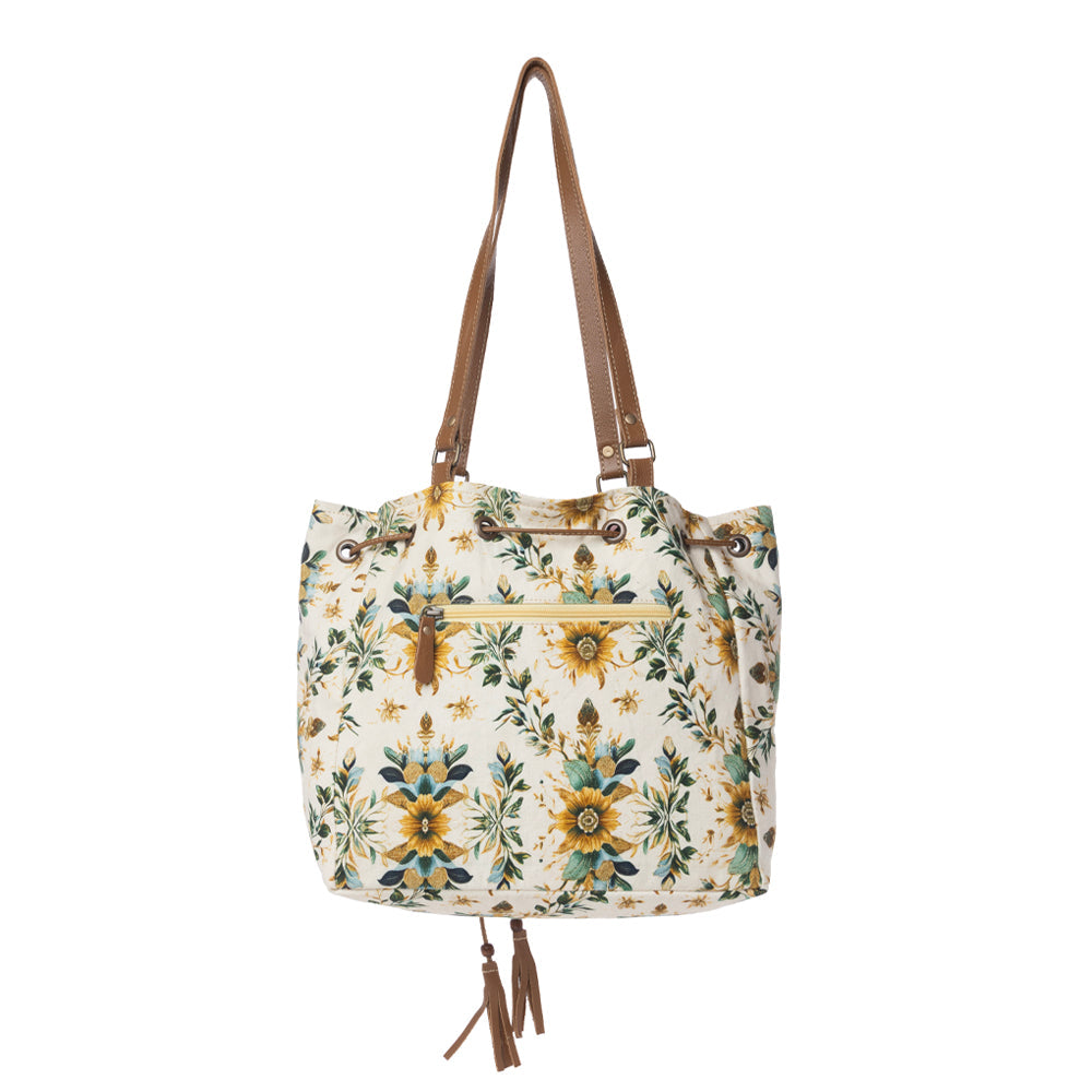 Southern Bloom Cotton & Leather Bucket Bag in Chestnut Beige