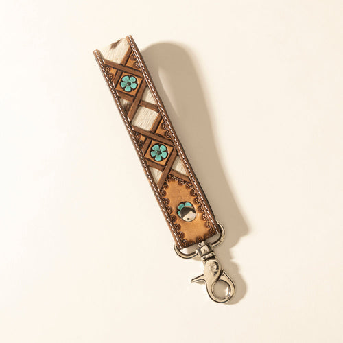 Myra Moonflower Handtooled Leather Keyfob in Sienna Sky