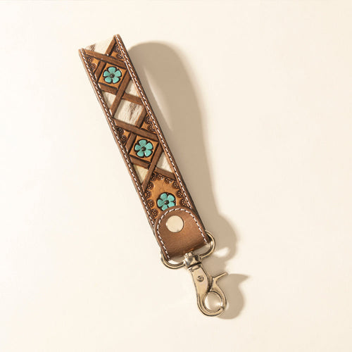 Myra Moonflower Handtooled Leather Keyfob in Sienna Sky