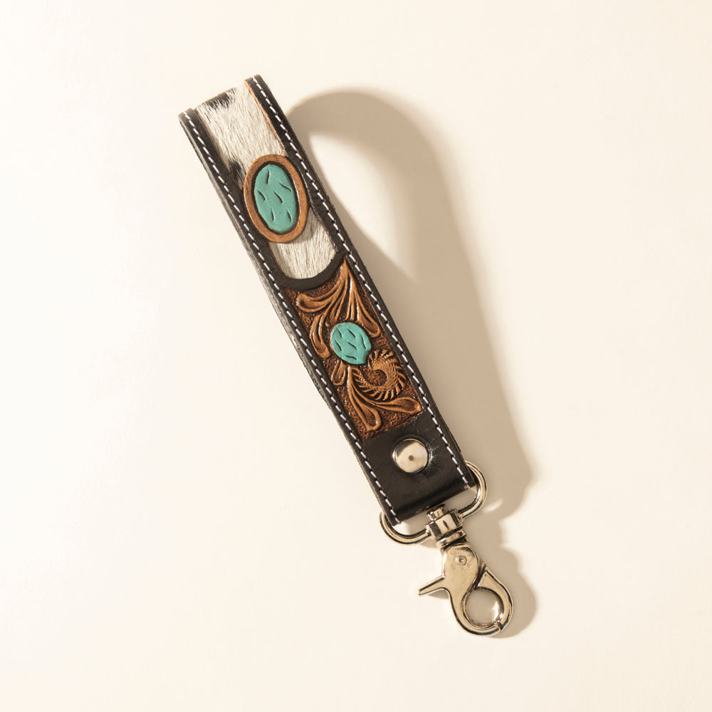 Myra Tallin Bloom Handtooled Leather Keyfob in Saddle Sky