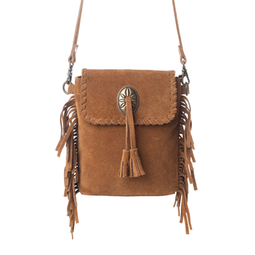 Myra Prairie Drift Fringed Leather Bag in Rodeo Bronze with Concho Acc