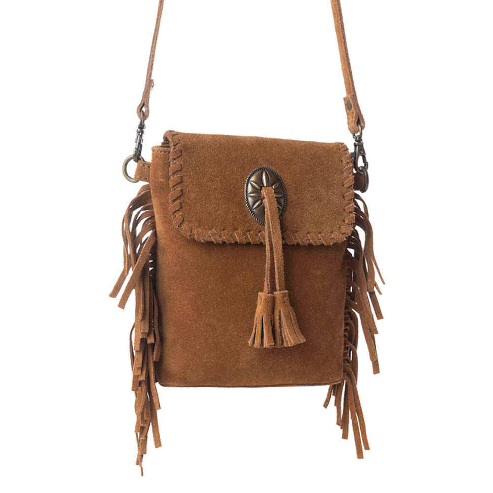 Myra Prairie Drift Fringed Leather Bag in Rodeo Bronze with Concho Accent
