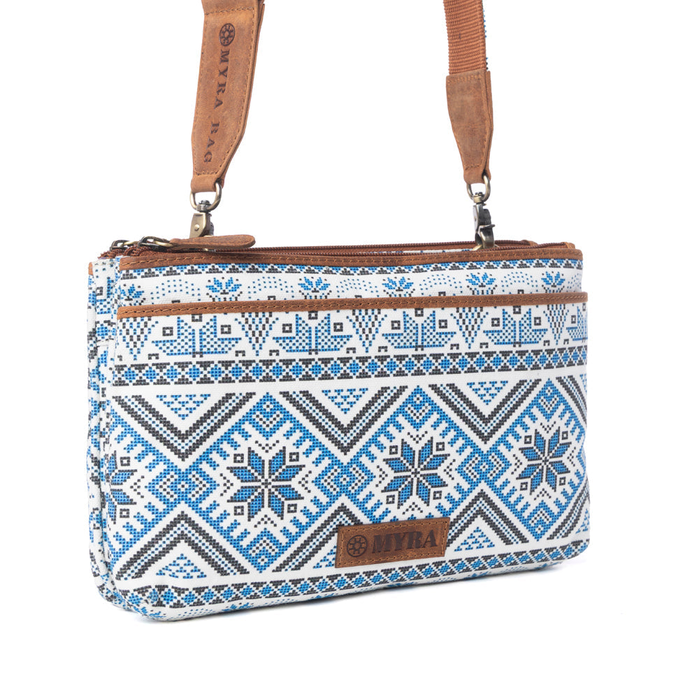 Tribal Hollow Cotton & Leather Crossbody Bag in Indigo Frost