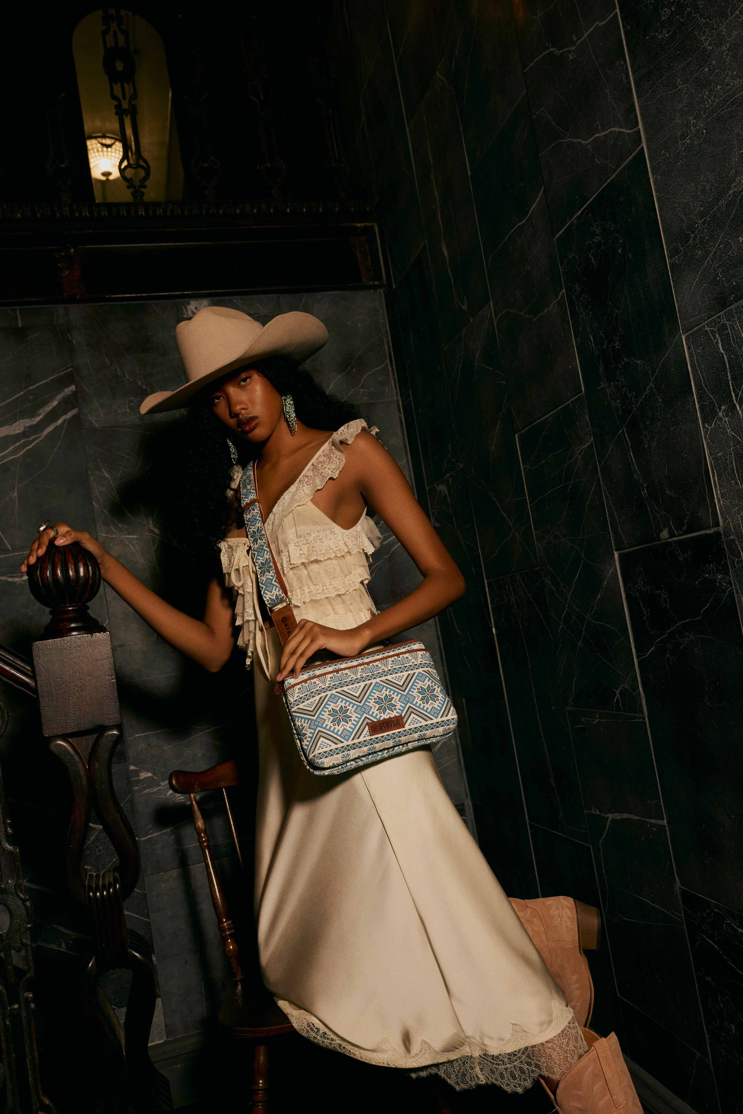 Tribal Hollow Cotton & Leather Crossbody Bag in Indigo Frost