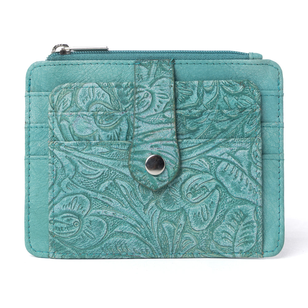 Driftwood Cove Embossed Leather Credit Card Holder in Ocean Sage