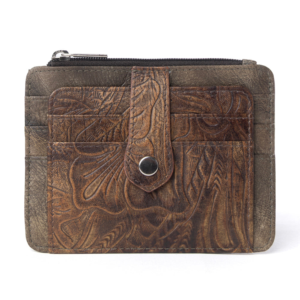 Driftwood Cove Embossed Leather Credit Card Holder in Olive Brown