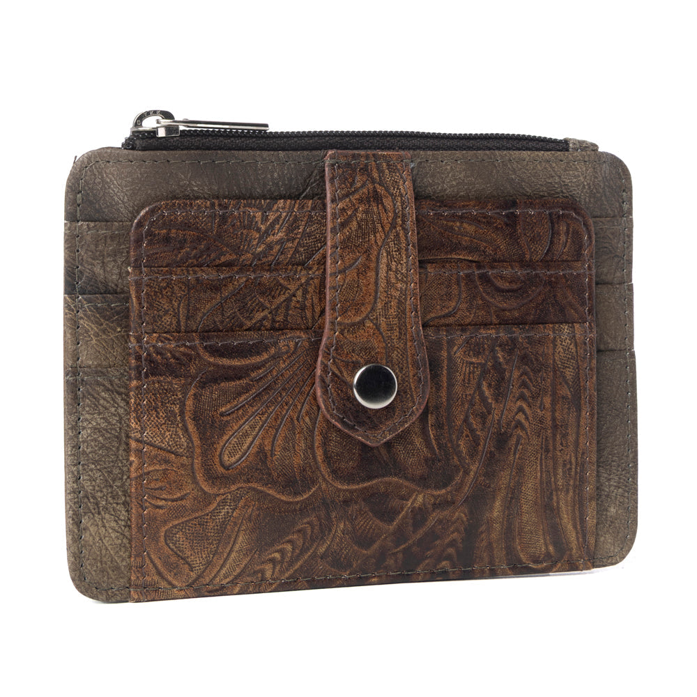 Driftwood Cove Embossed Leather Credit Card Holder in Olive Brown
