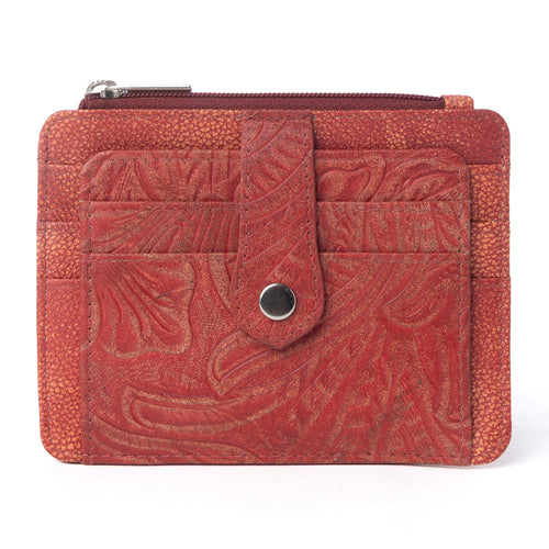 Driftwood Cove Embossed Leather Credit Card Holder in Coral Red