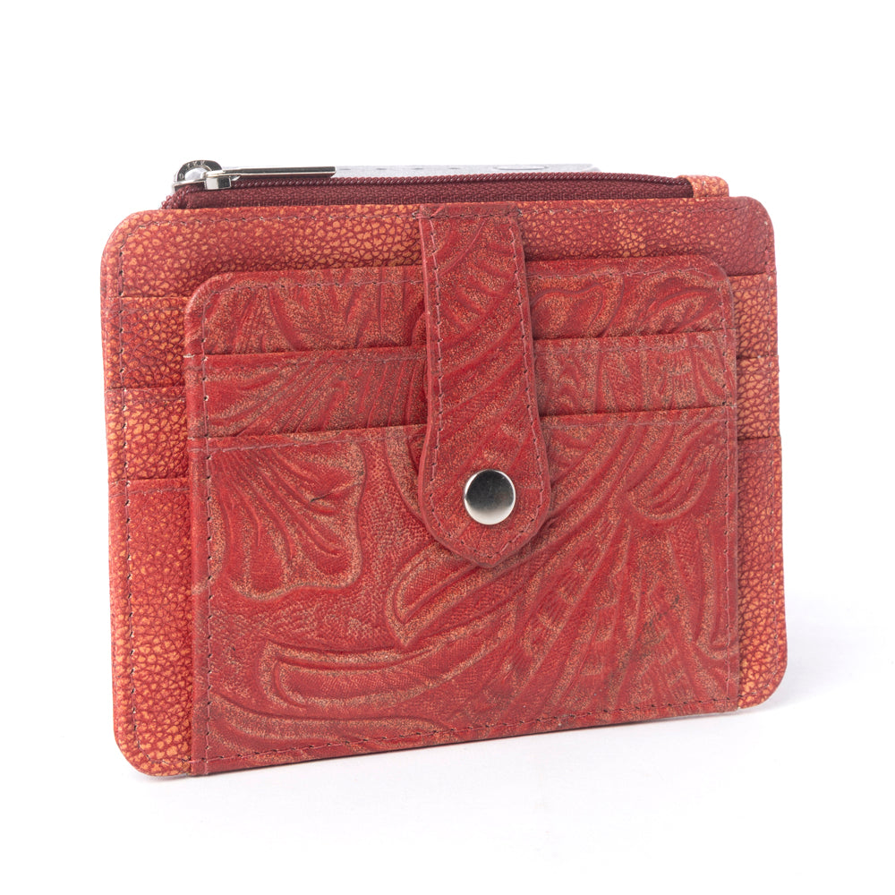 Driftwood Cove Embossed Leather Credit Card Holder in Coral Red