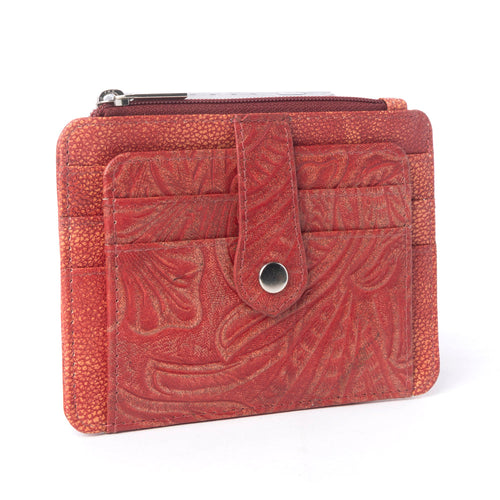 Driftwood Cove Embossed Leather Credit Card Holder in Coral Red