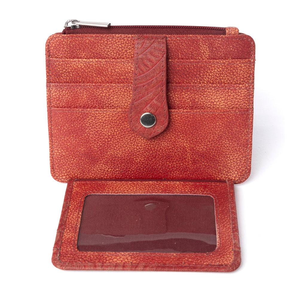 Driftwood Cove Embossed Leather Credit Card Holder in Coral Red