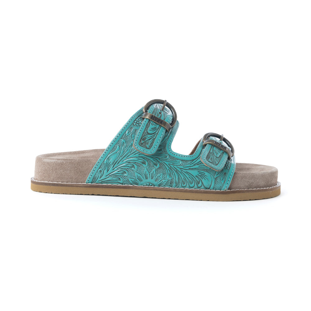 Bluebell Ranch Handtooled Leather Sandals in Alpine Teal