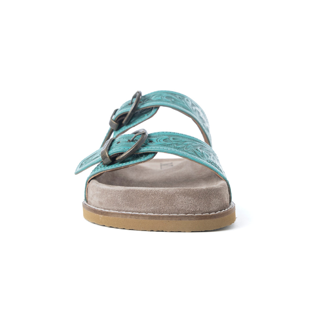 Bluebell Ranch Handtooled Leather Sandals in Alpine Teal