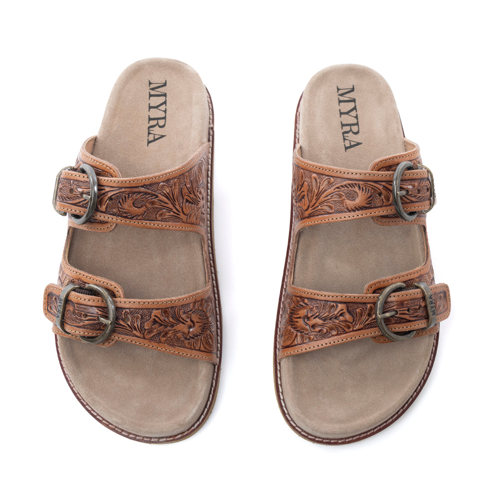 Desert Fern Handtooled Leather Sandals in Autumn Tan