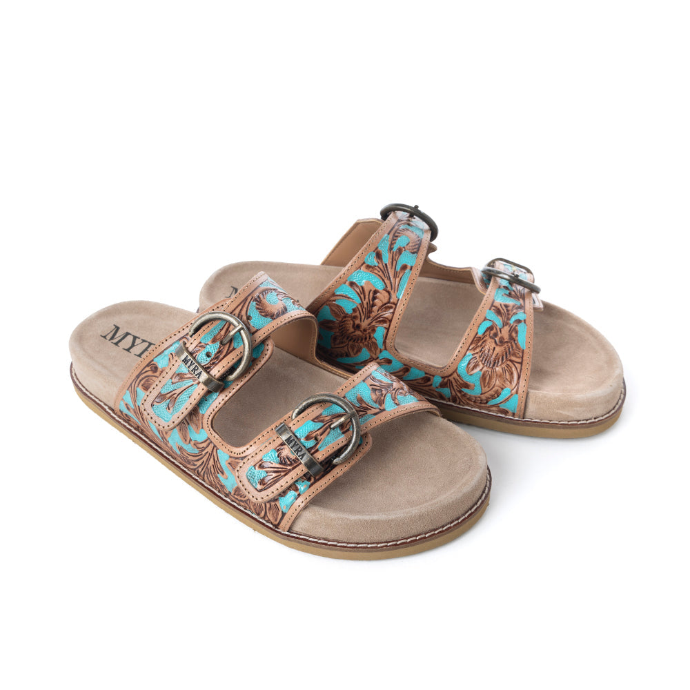 Meadow Sky Handtooled Leather Sandals in Sagewave Blue