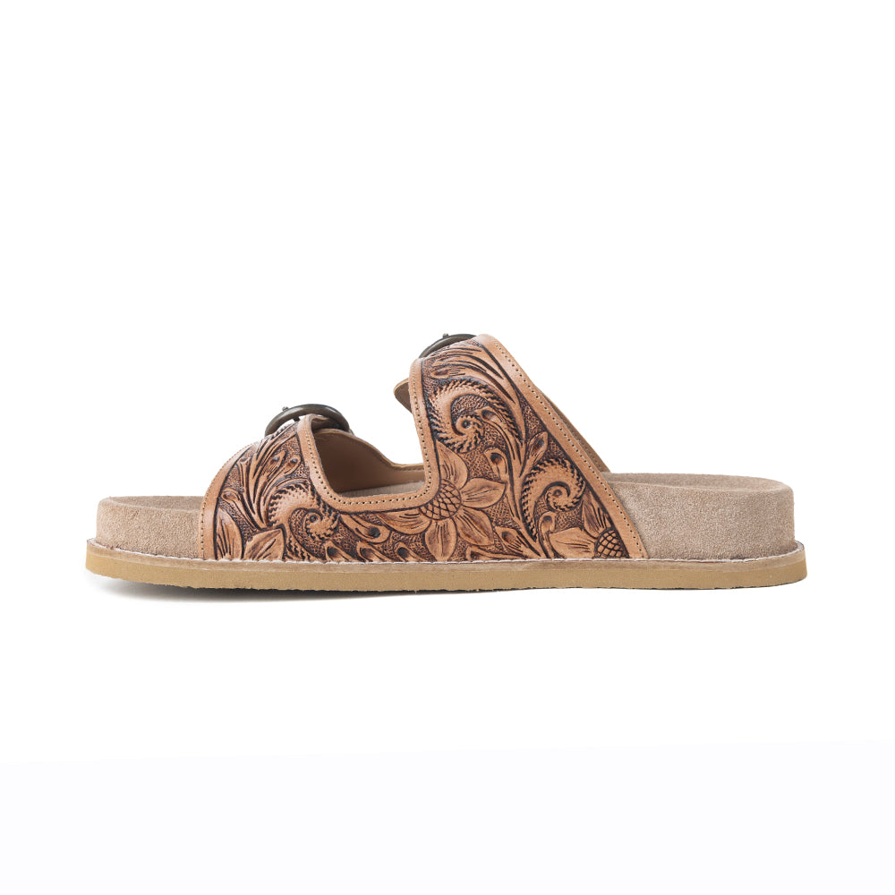 Willow Bloom Handtooled Leather Sandals in Ashen Brown