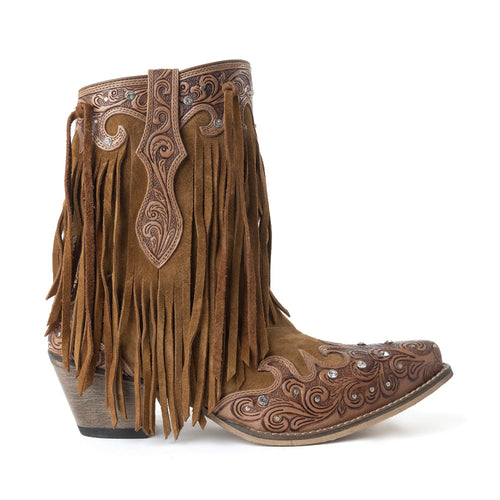 Goldrush Gleam Fringed Handtooled Leather Boots in Dusty Oak