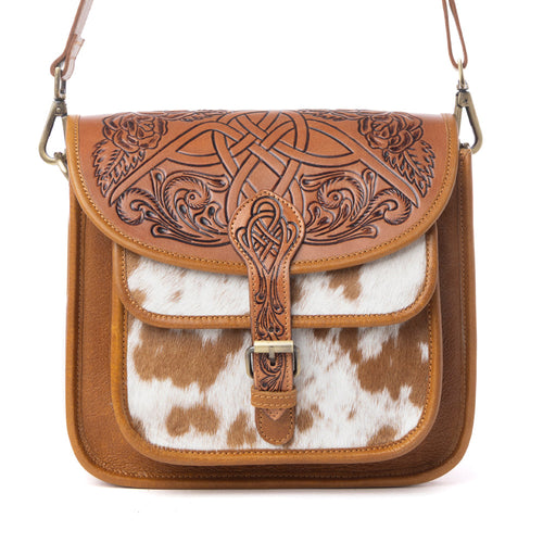 Cedar Range Handtooled Hairon Buckle Leather Bag in Chestnut Ivory
