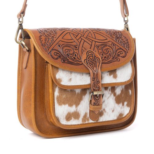 Cedar Range Handtooled Hairon Buckle Leather Bag in Chestnut Ivory