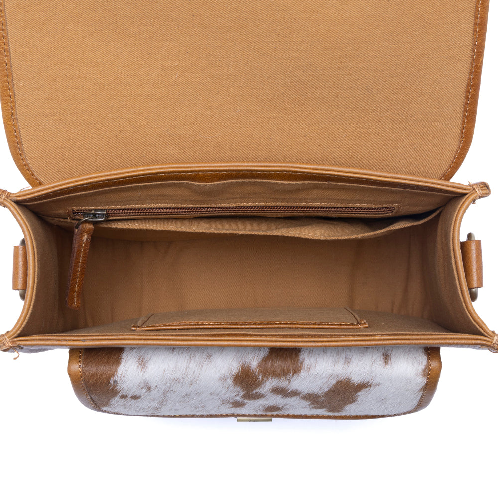 Cedar Range Handtooled Hairon Buckle Leather Bag in Chestnut Ivory