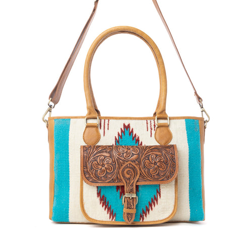 Prairie Aztec Hairon Leather Bag with Front Pocket in Canyon Teal