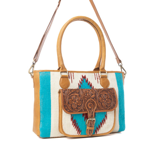 Prairie Aztec Hairon Leather Bag with Front Pocket in Canyon Teal