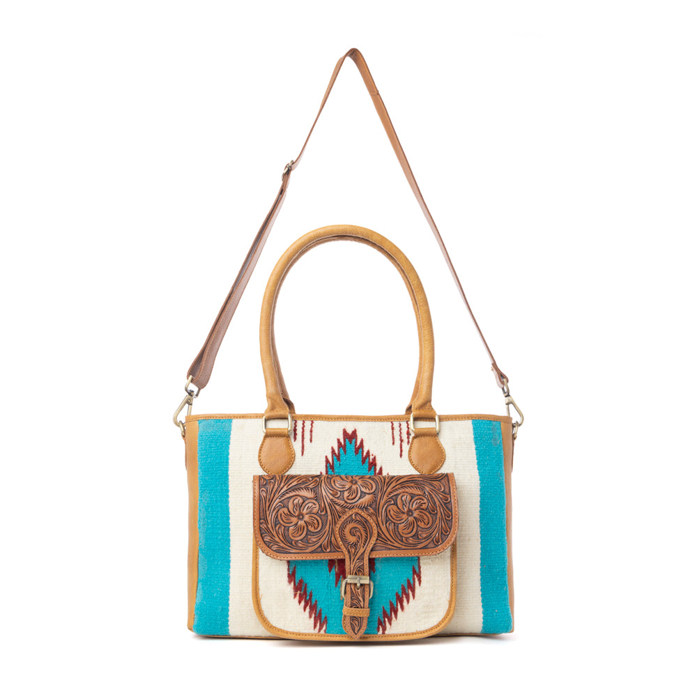 Prairie Aztec Hairon Leather Bag with Front Pocket in Canyon Teal