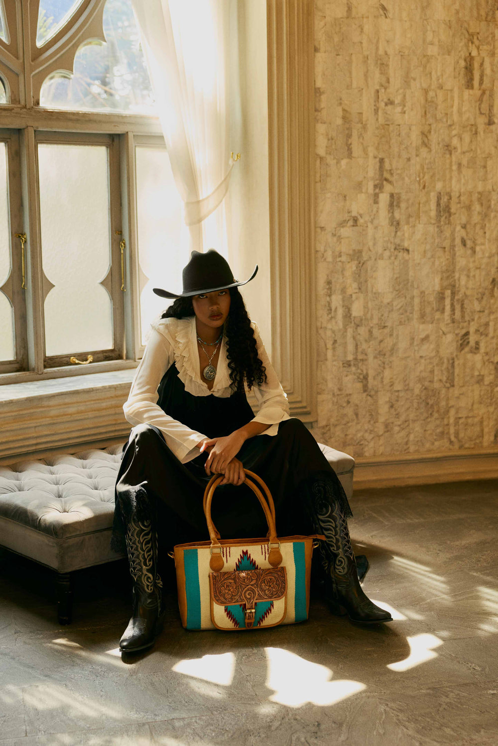 Prairie Aztec Hairon Leather Bag with Front Pocket in Canyon Teal
