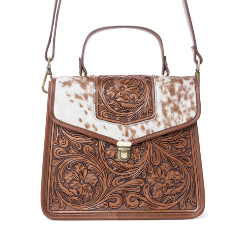 Duchess Hairon Handtooled Flap and Button Leather Satchel in Mocha Cream