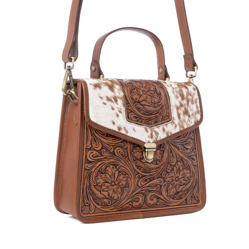 Duchess Hairon Handtooled Flap and Button Leather Satchel in Mocha Cream