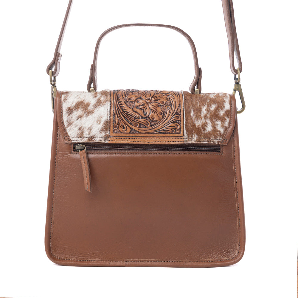 Duchess Hairon Handtooled Flap and Button Leather Satchel in Mocha Cream